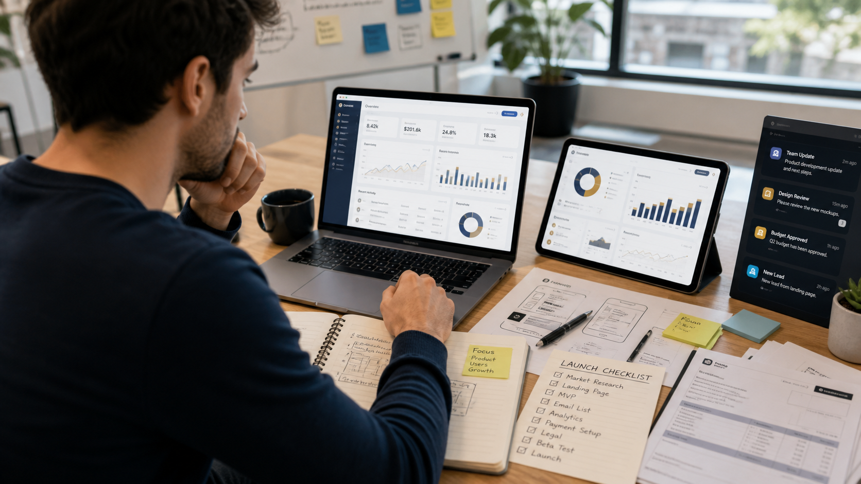 Founder reviewing startup tools dashboard and business planning notes