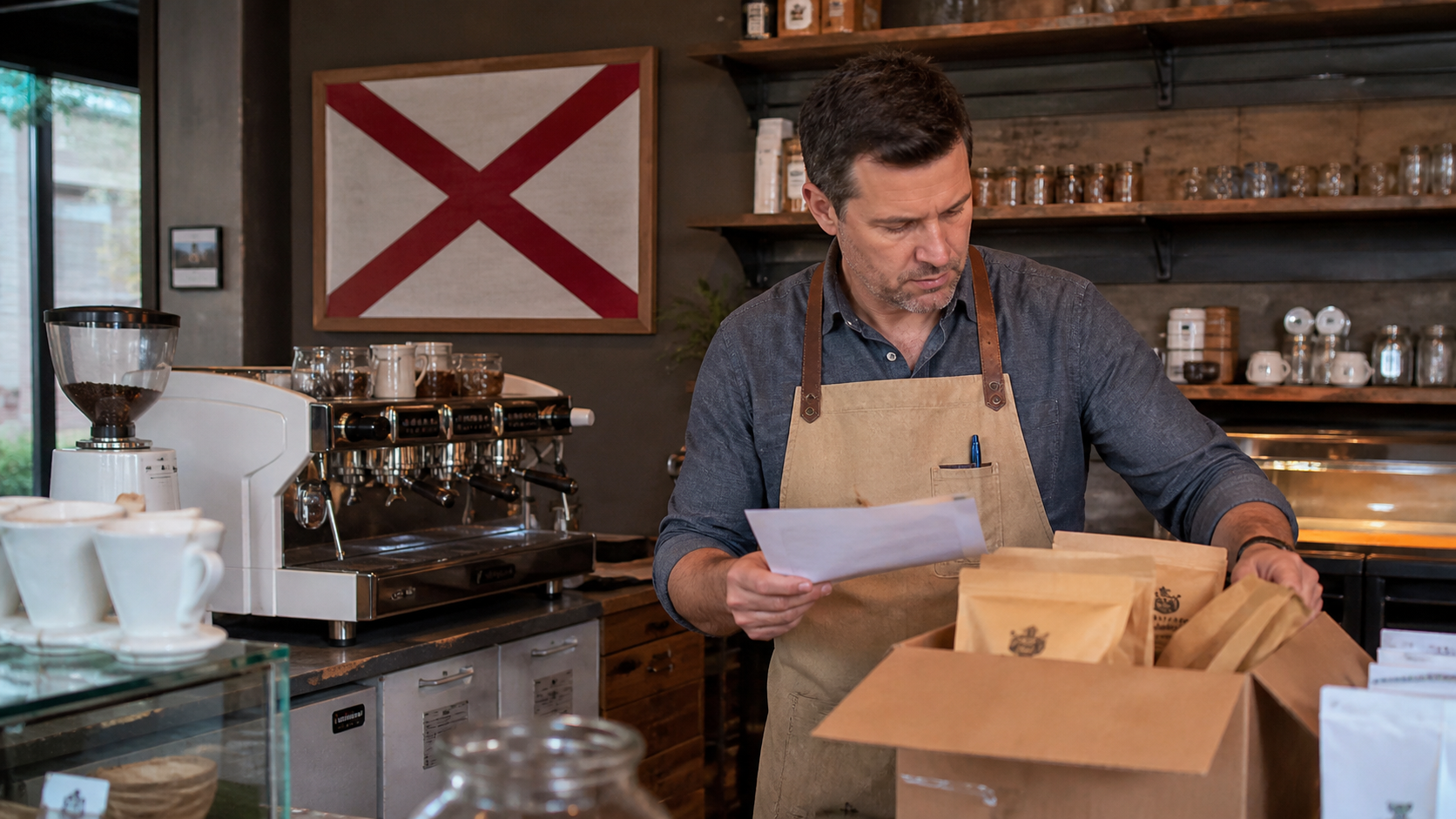 Small business owner preparing to form an LLC in Alabama with the official Alabama state flag visible