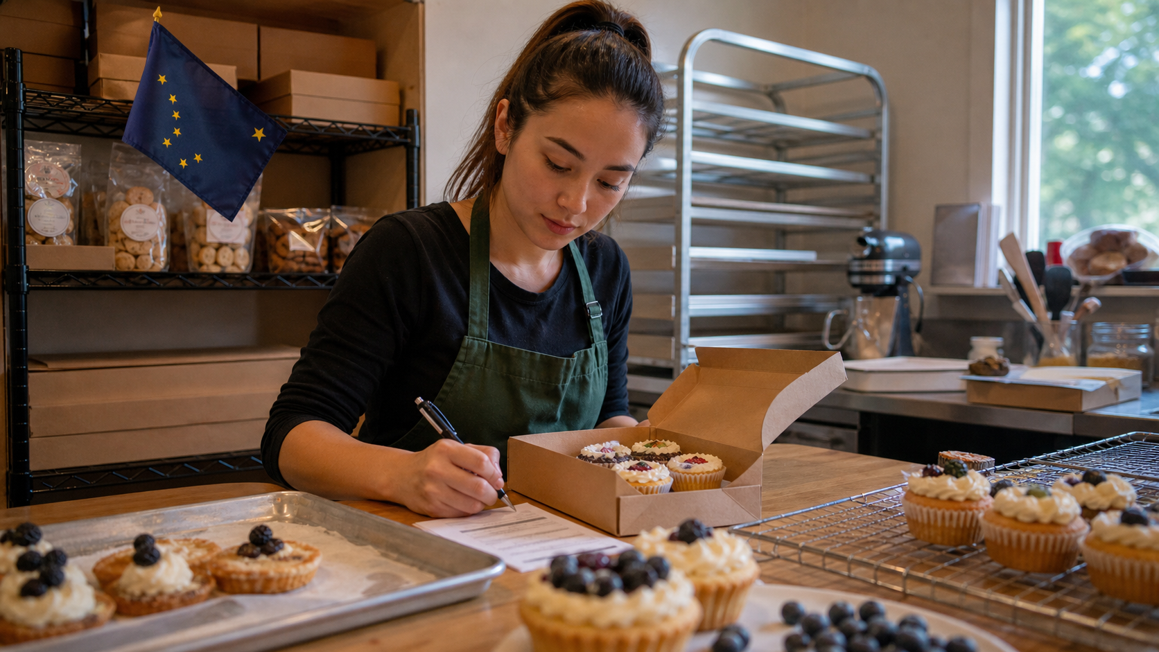 Small business owner preparing to form an LLC in Alaska with the official Alaska state flag visible