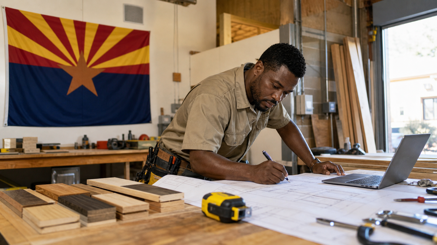 Small business owner preparing to form an LLC in Arizona with the official Arizona state flag visible