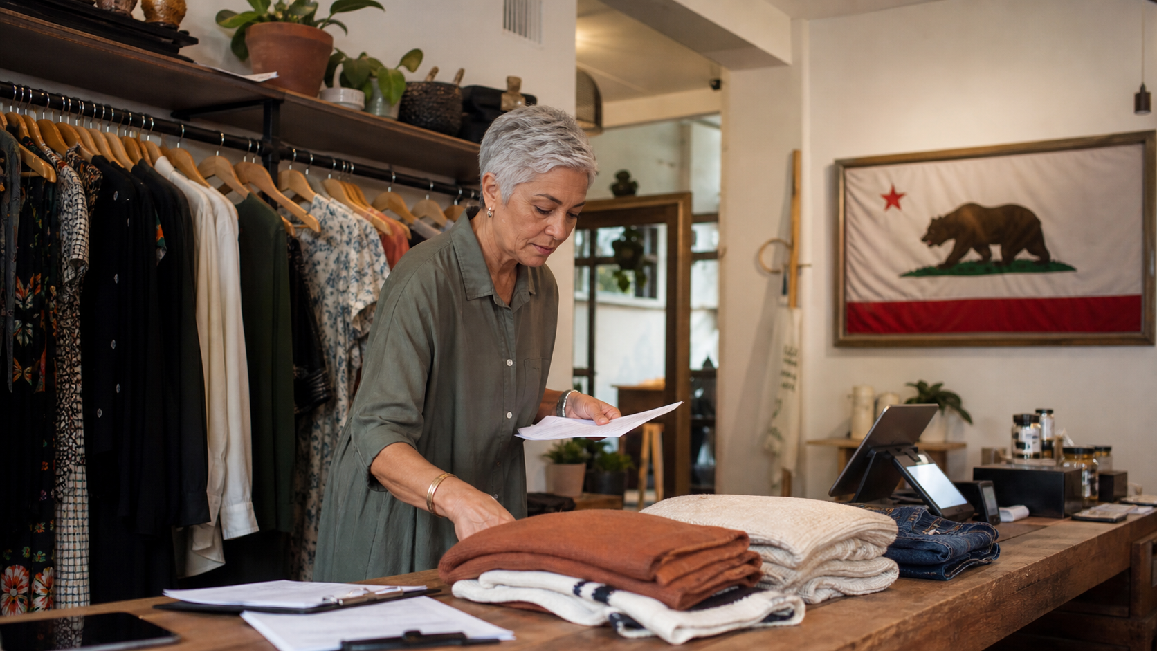 Small business owner preparing to form an LLC in California with the official California state flag visible