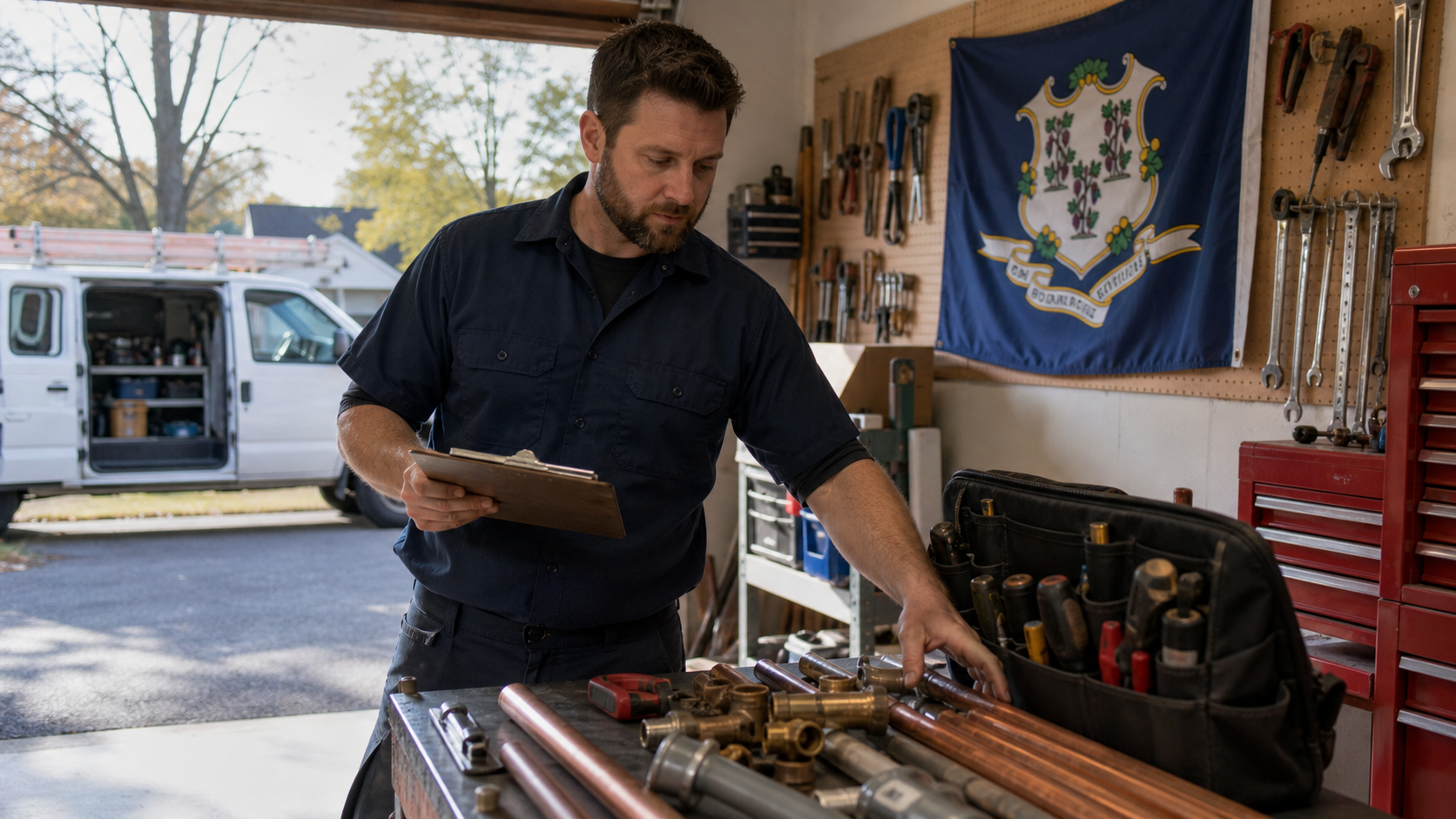Small business owner preparing to form an LLC in Connecticut with the official Connecticut state flag visible