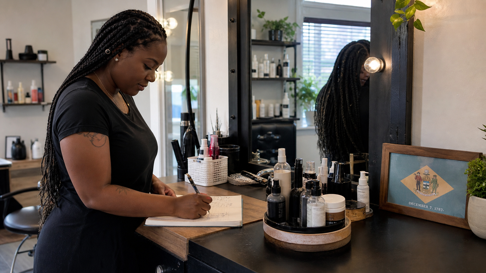 Small business owner preparing to form an LLC in Delaware with the official Delaware state flag visible
