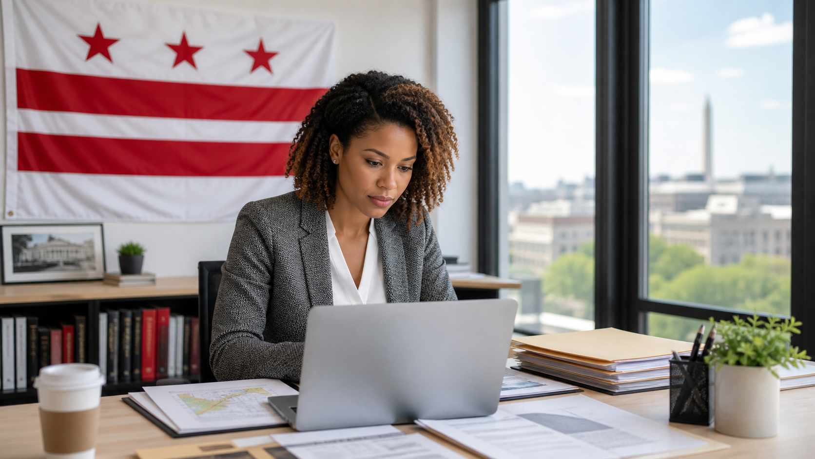 Small business owner preparing to form an LLC in District of Columbia with the official District of Columbia state flag visible