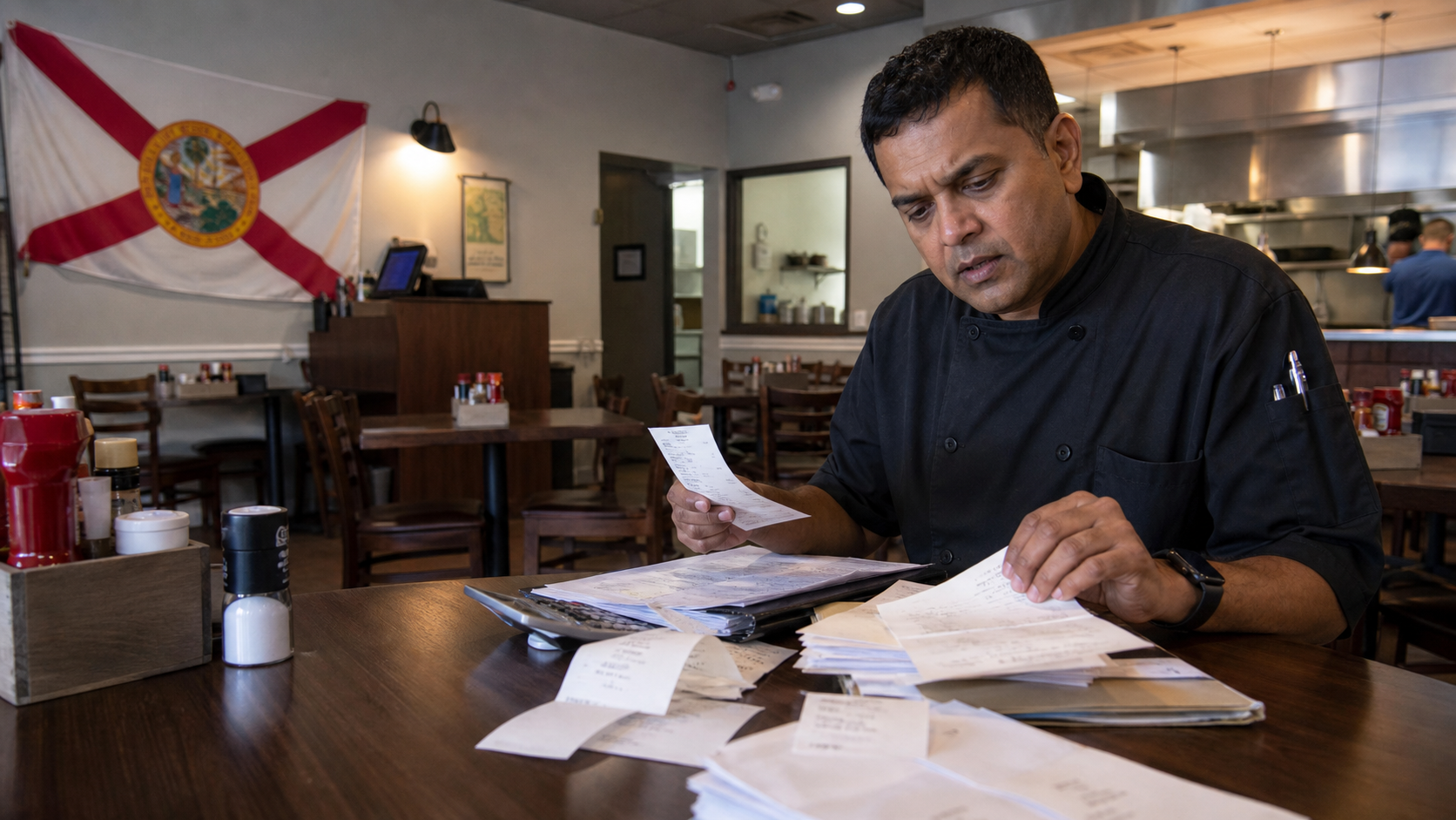 Small business owner preparing to form an LLC in Florida with the official Florida state flag visible