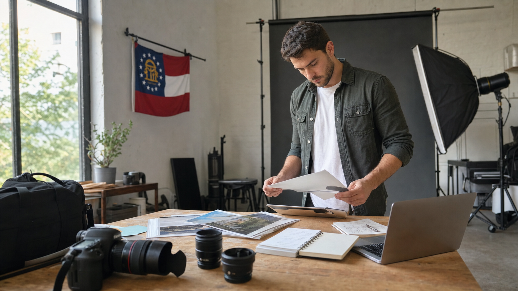 Small business owner preparing to form an LLC in Georgia with the official Georgia state flag visible