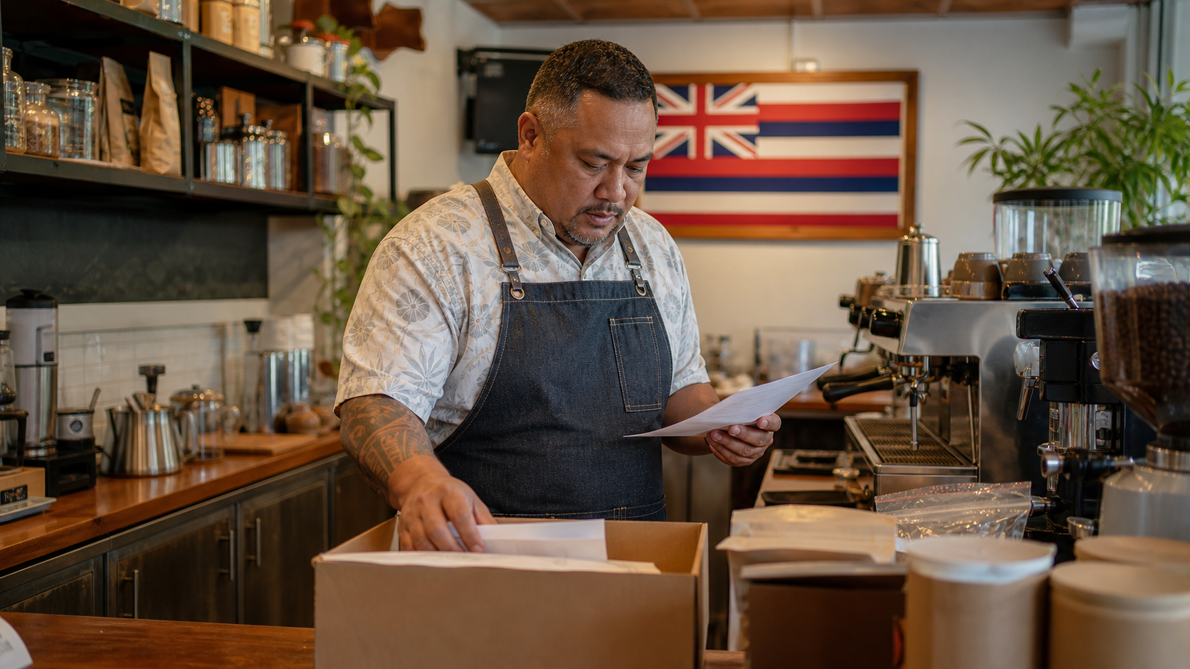 Small business owner preparing to form an LLC in Hawaii with the official Hawaii state flag visible