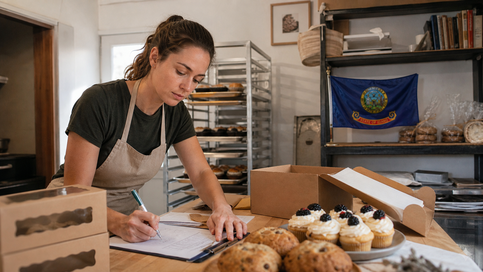 Small business owner preparing to form an LLC in Idaho with the official Idaho state flag visible