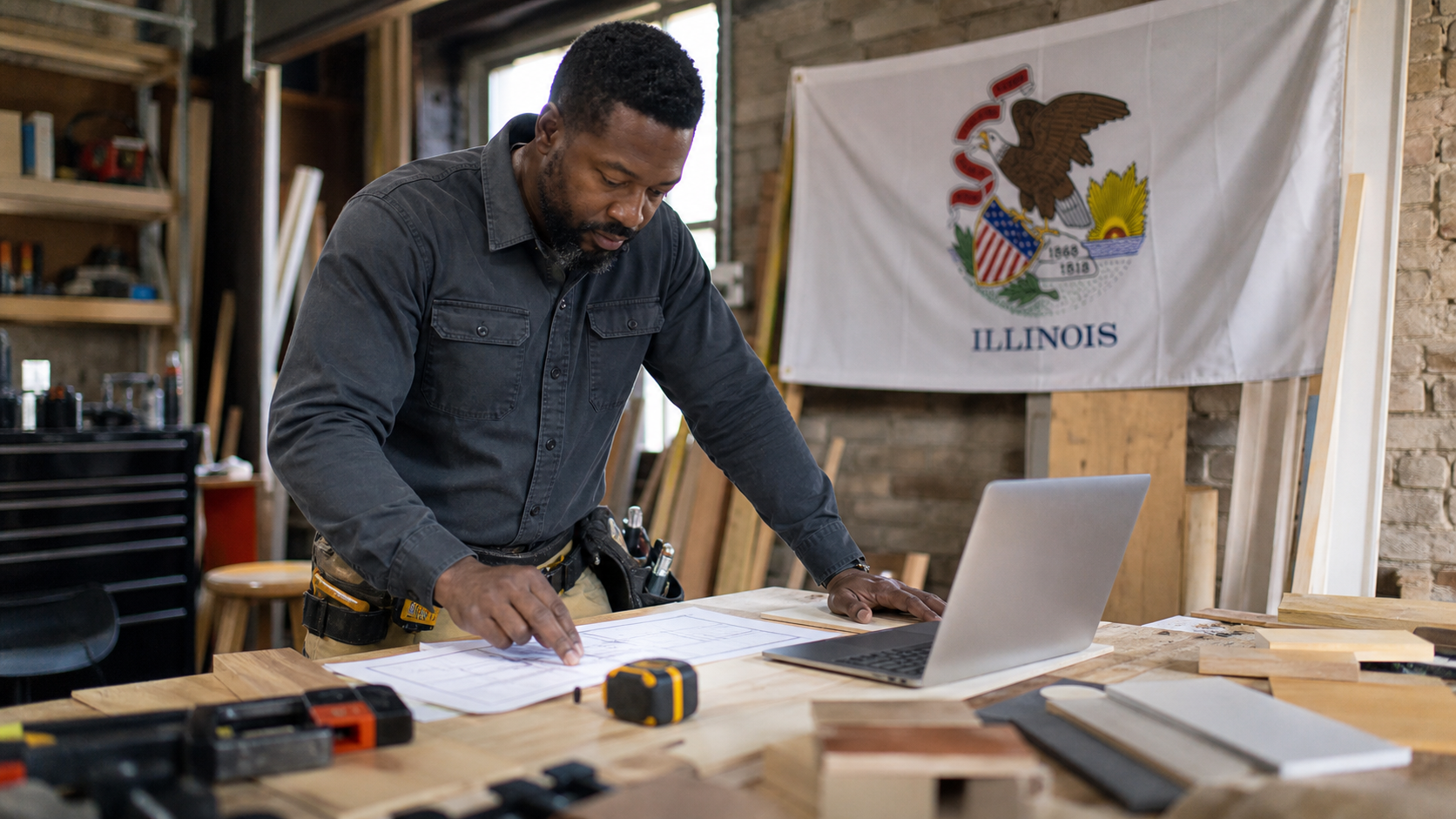 Small business owner preparing to form an LLC in Illinois with the official Illinois state flag visible