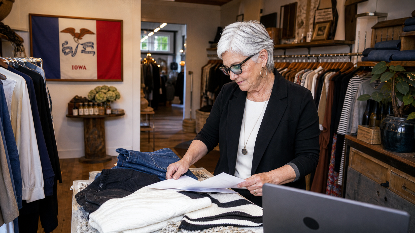Small business owner preparing to form an LLC in Iowa with the official Iowa state flag visible