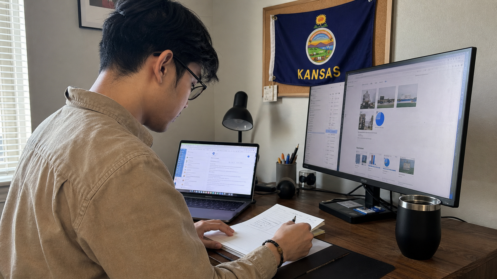 Small business owner preparing to form an LLC in Kansas with the official Kansas state flag visible