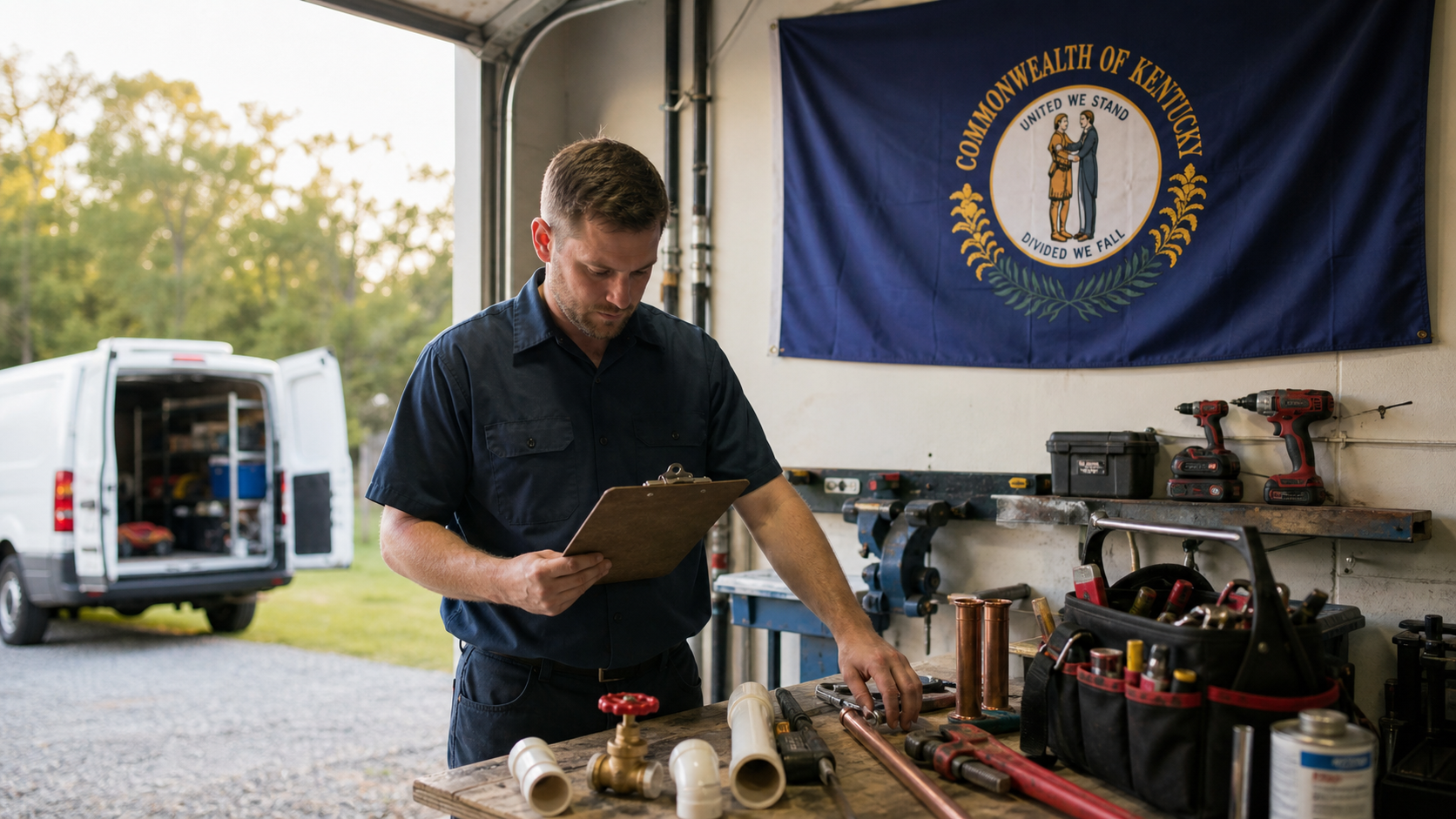 Small business owner preparing to form an LLC in Kentucky with the official Kentucky state flag visible