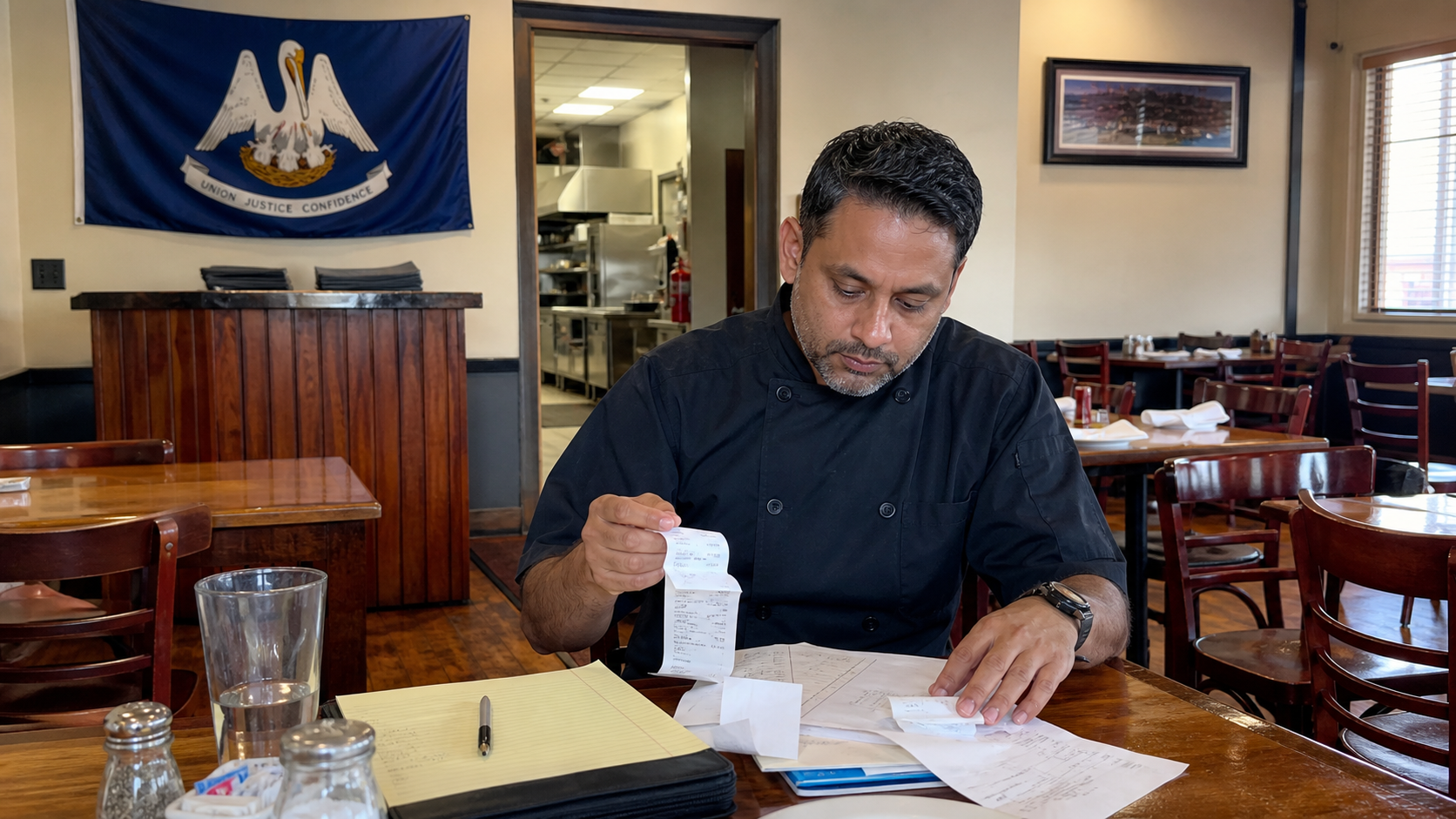 Small business owner preparing to form an LLC in Louisiana with the official Louisiana state flag visible