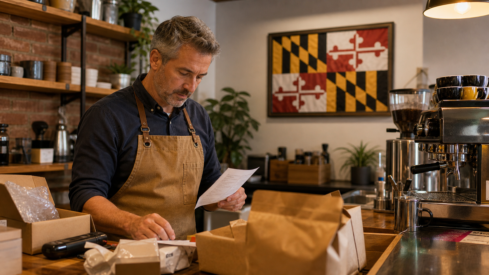 Small business owner preparing to form an LLC in Maryland with the official Maryland state flag visible