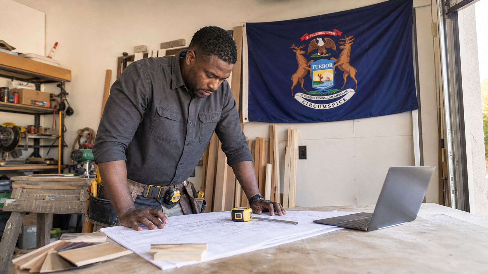 Small business owner preparing to form an LLC in Michigan with the official Michigan state flag visible