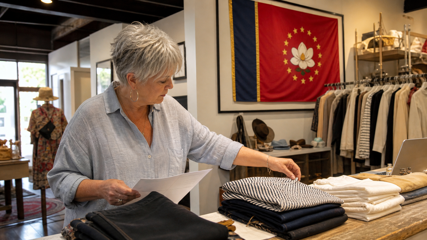 Small business owner preparing to form an LLC in Mississippi with the official Mississippi state flag visible