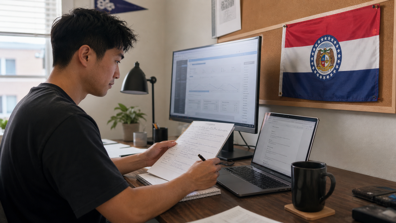 Small business owner preparing to form an LLC in Missouri with the official Missouri state flag visible