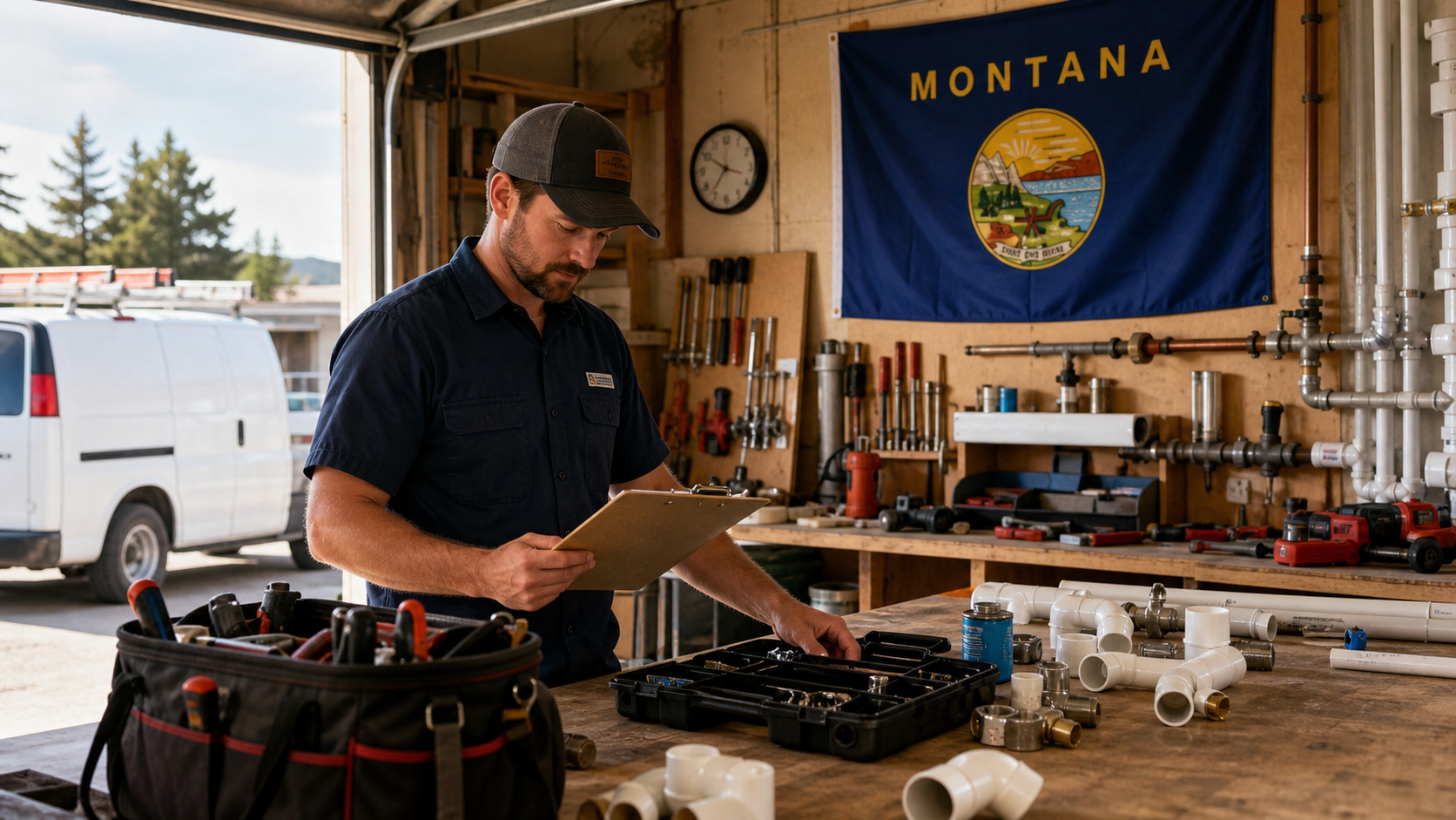 Small business owner preparing to form an LLC in Montana with the official Montana state flag visible