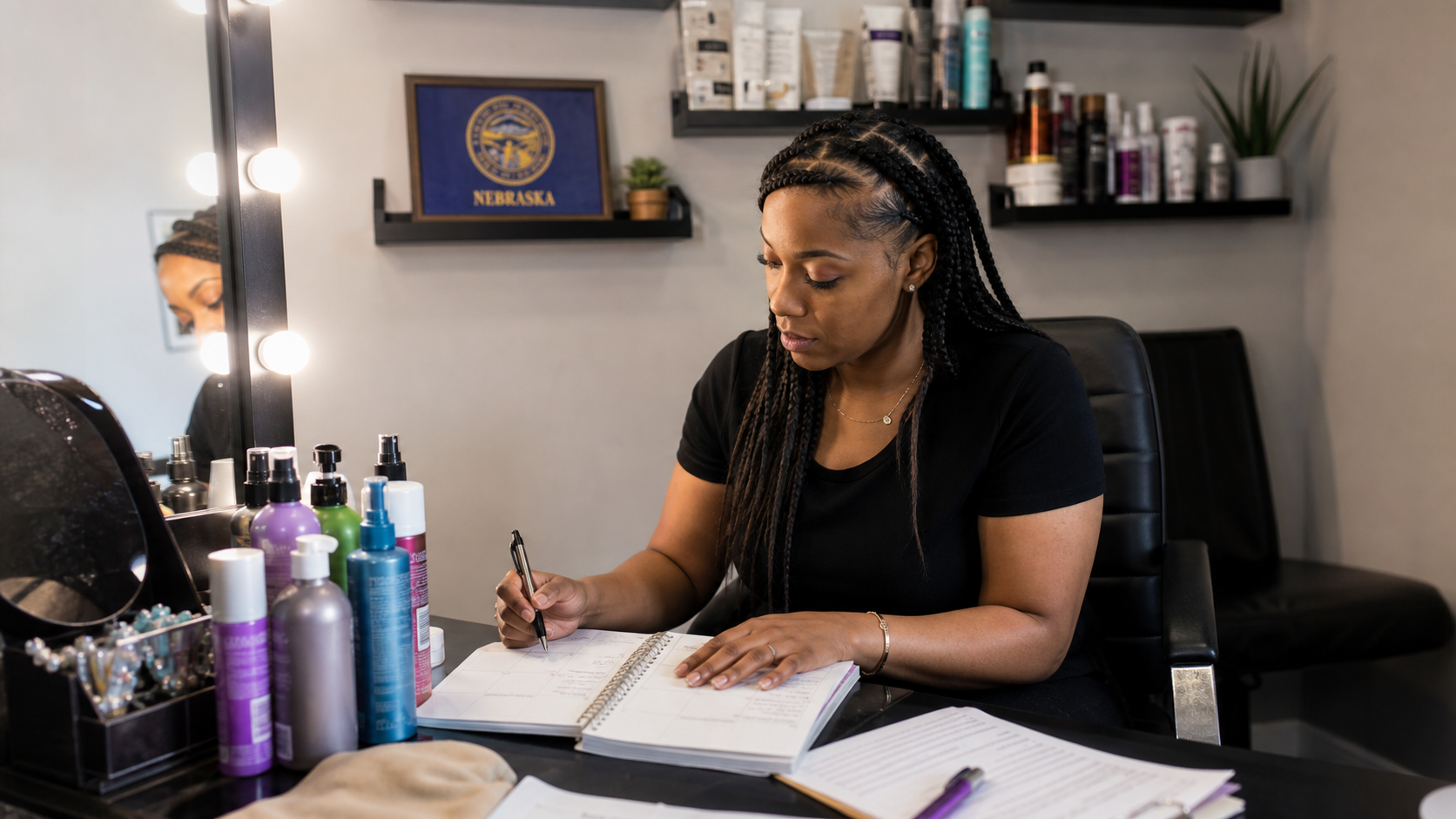 Small business owner preparing to form an LLC in Nebraska with the official Nebraska state flag visible