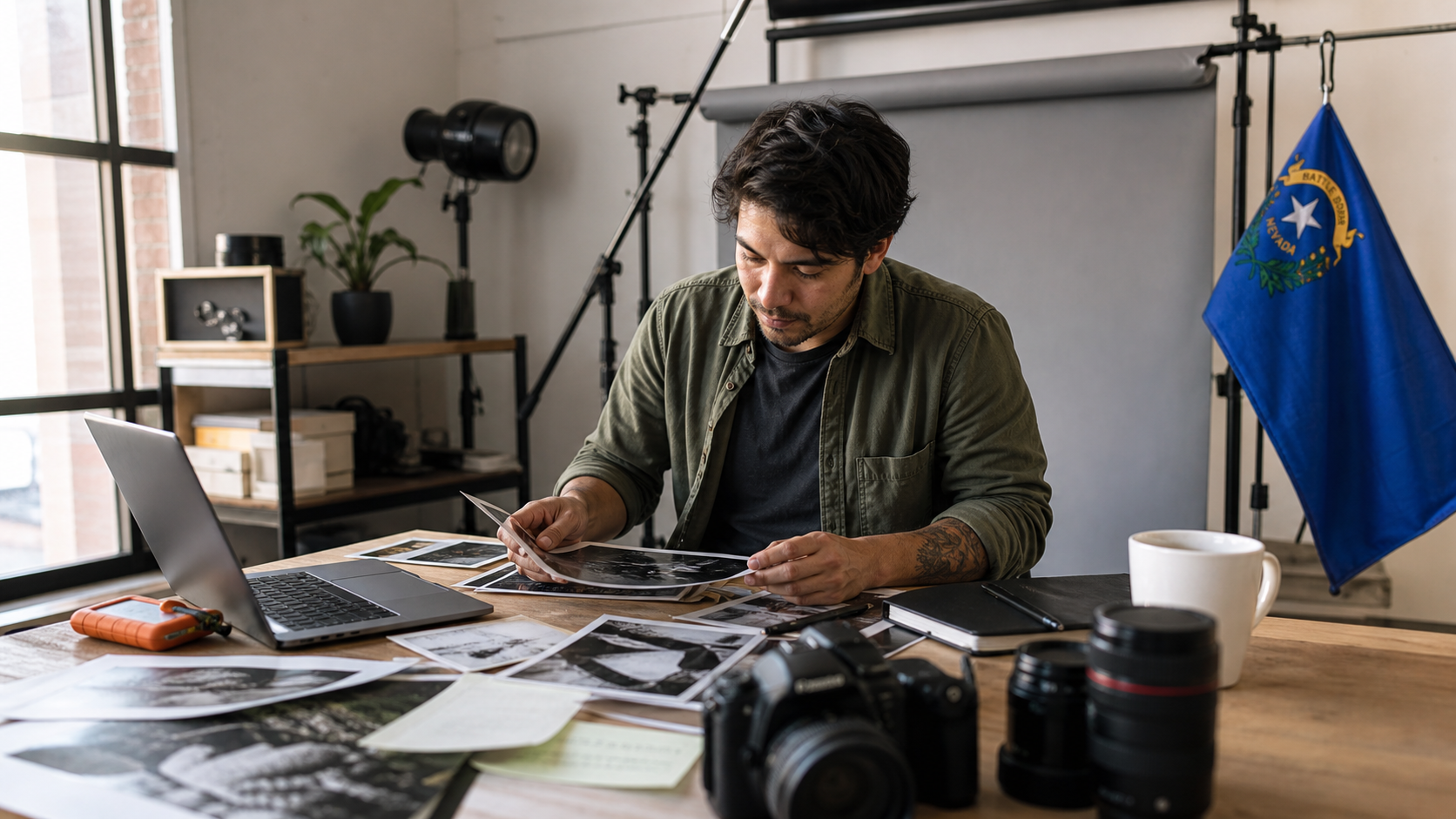Small business owner preparing to form an LLC in Nevada with the official Nevada state flag visible