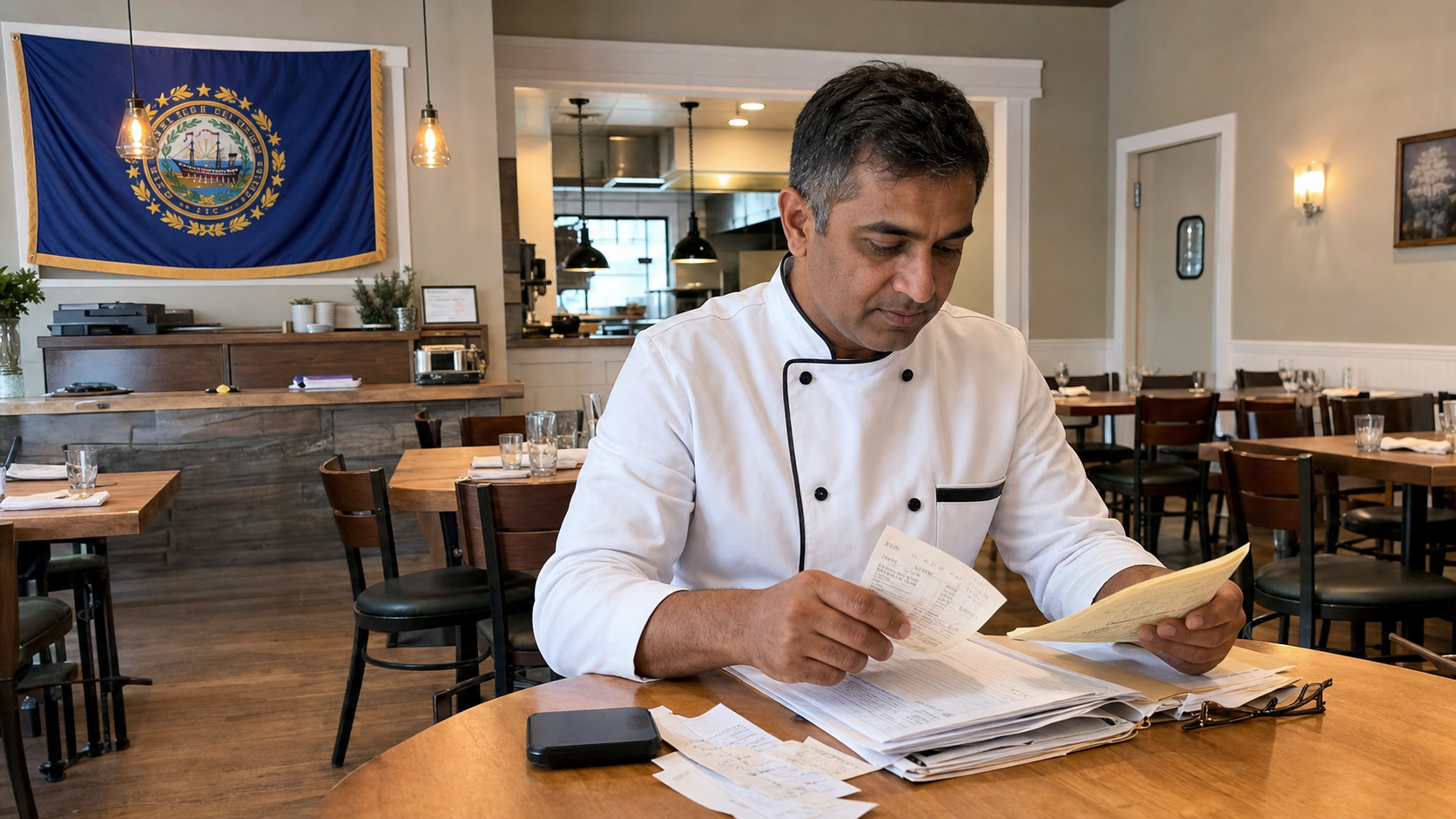 Small business owner preparing to form an LLC in New Hampshire with the official New Hampshire state flag visible