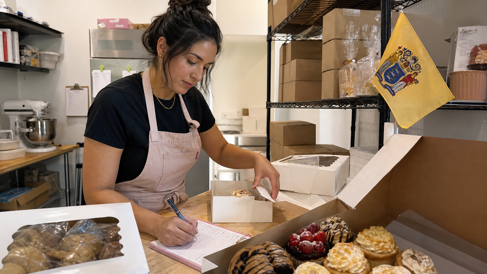 Small business owner preparing to form an LLC in New Jersey with the official New Jersey state flag visible