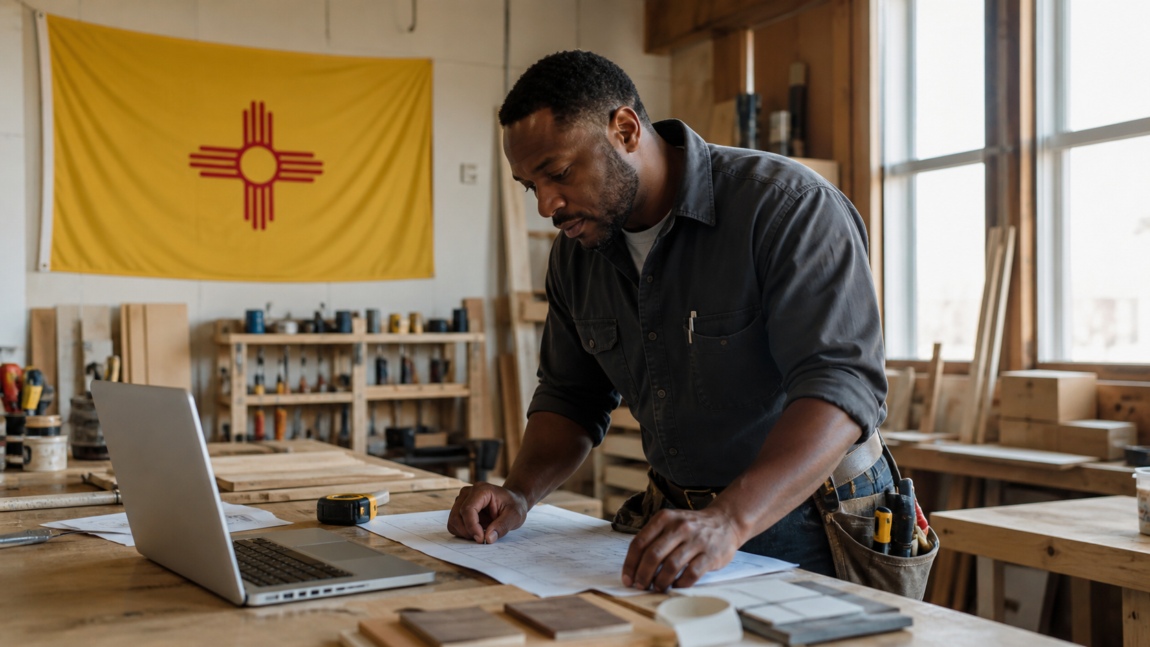 Small business owner preparing to form an LLC in New Mexico with the official New Mexico state flag visible
