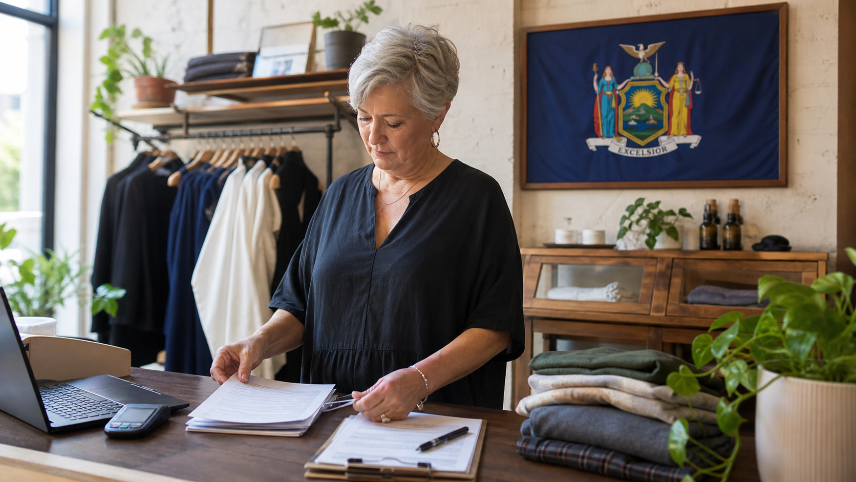 Small business owner preparing to form an LLC in New York with the official New York state flag visible