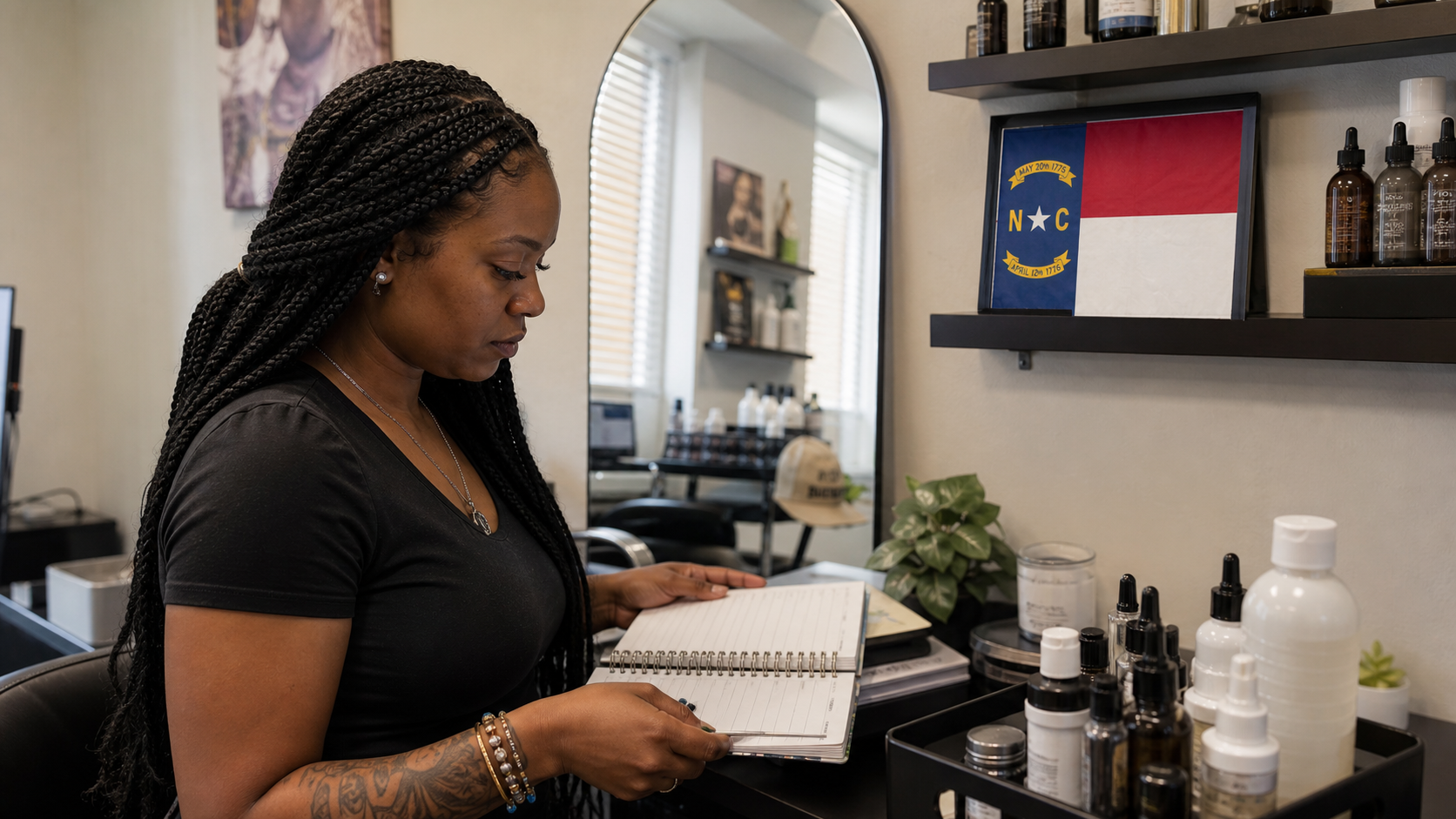 Small business owner preparing to form an LLC in North Carolina with the official North Carolina state flag visible
