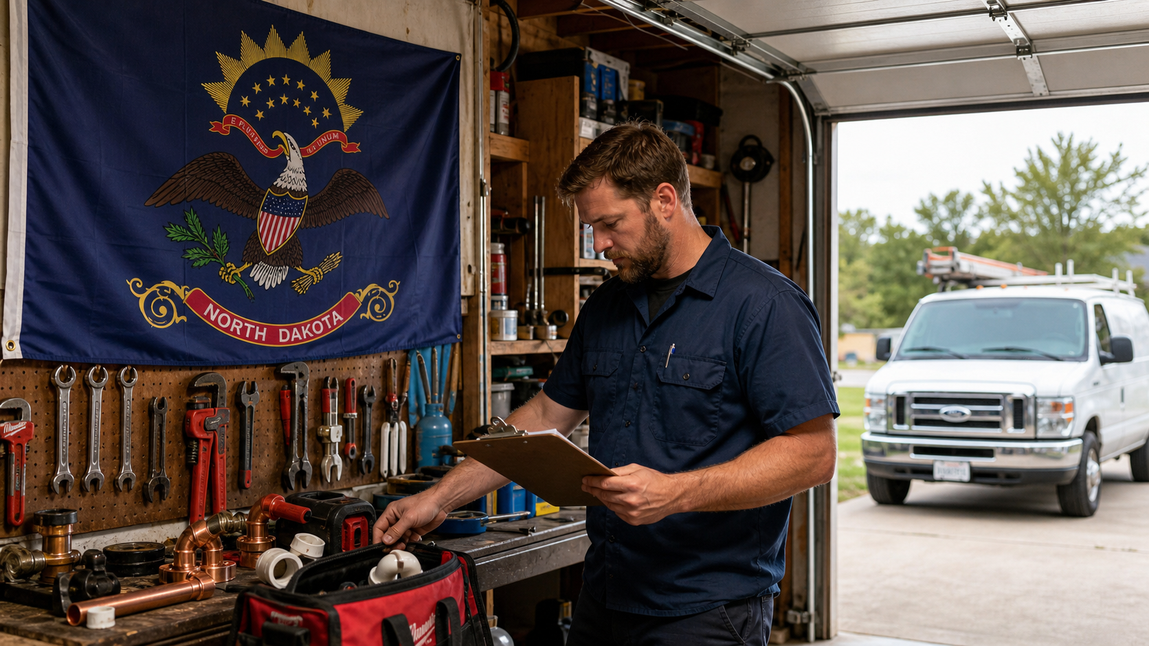 Small business owner preparing to form an LLC in North Dakota with the official North Dakota state flag visible