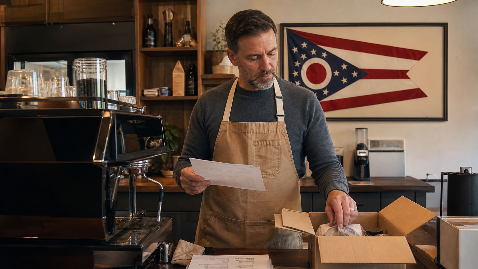 Small business owner preparing to form an LLC in Ohio with the official Ohio state flag visible