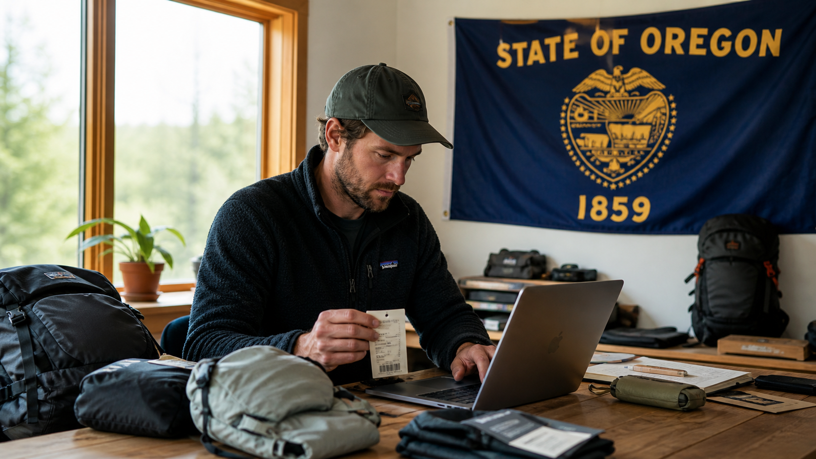 Small business owner preparing to form an LLC in Oregon with the official Oregon state flag visible