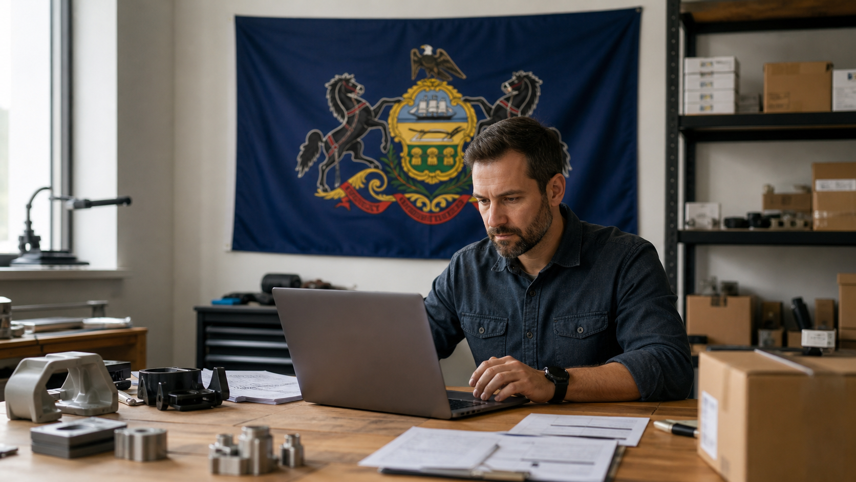 Small business owner preparing to form an LLC in Pennsylvania with the official Pennsylvania state flag visible