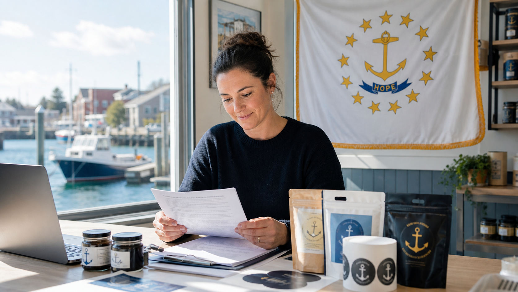 Small business owner preparing to form an LLC in Rhode Island with the official Rhode Island state flag visible