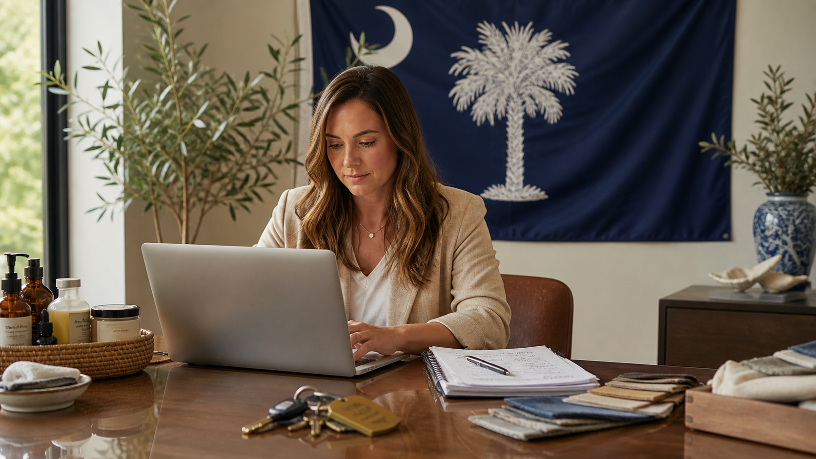 Small business owner preparing to form an LLC in South Carolina with the official South Carolina state flag visible