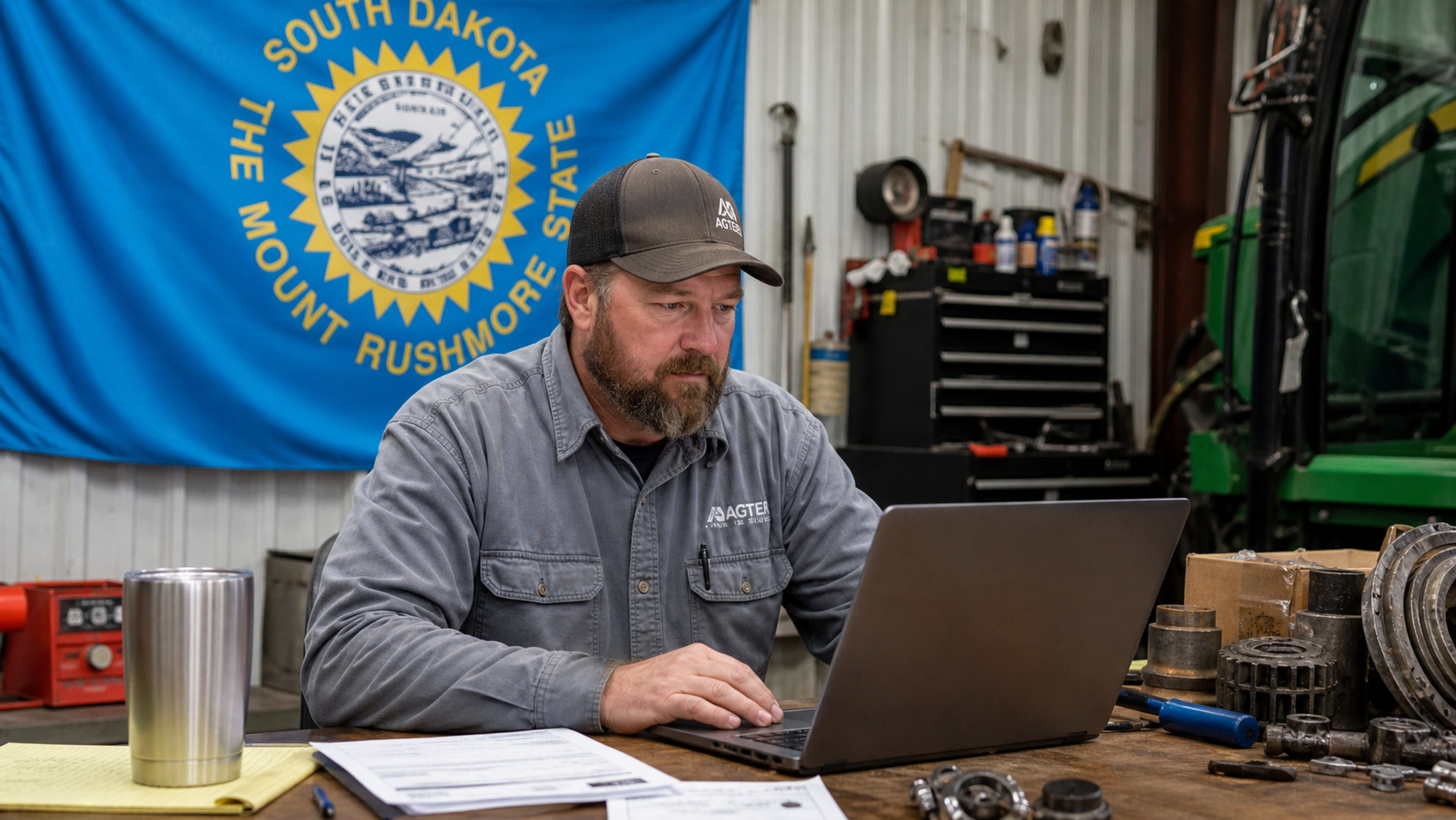 Small business owner preparing to form an LLC in South Dakota with the official South Dakota state flag visible