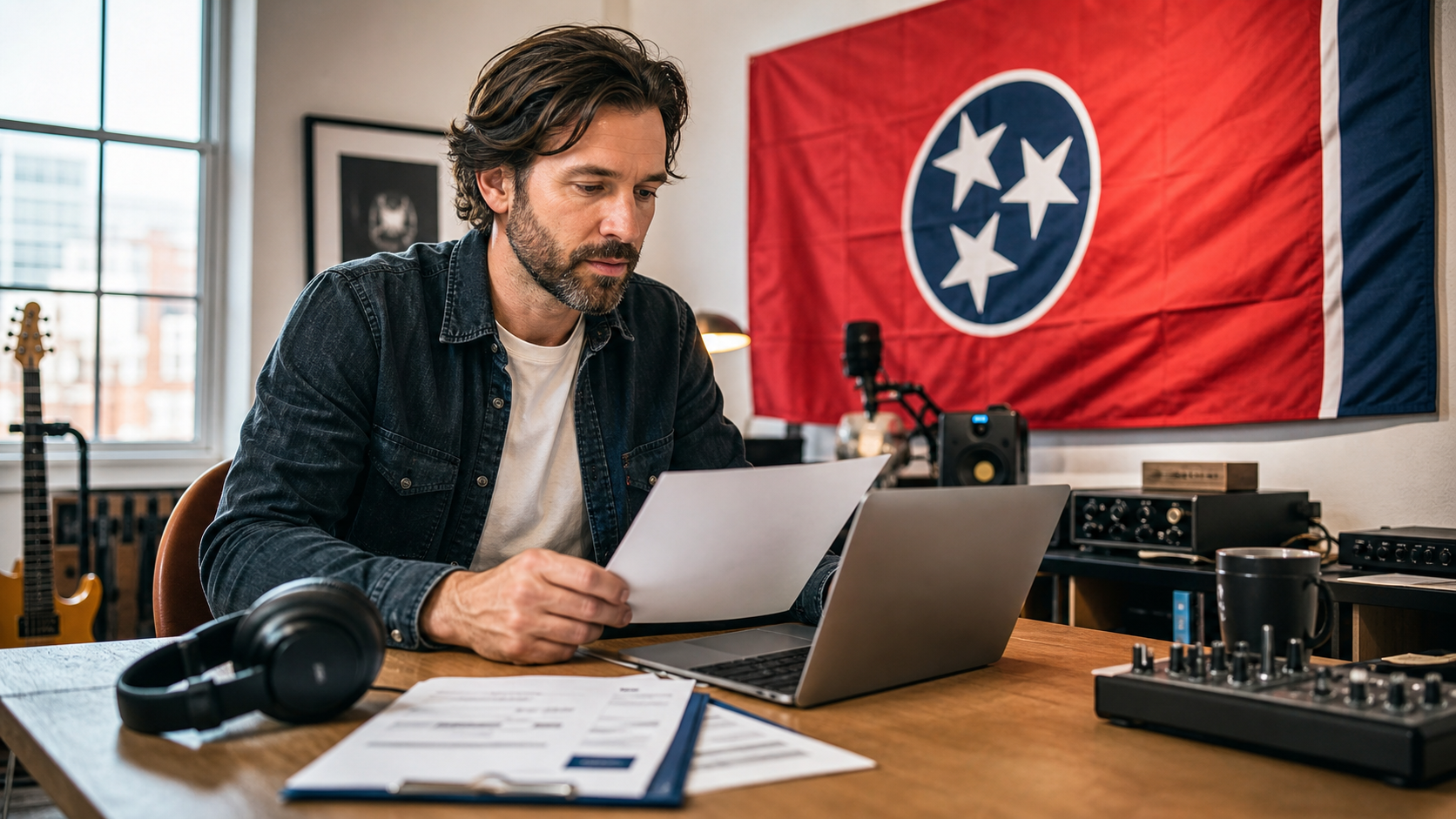 Small business owner preparing to form an LLC in Tennessee with the official Tennessee state flag visible