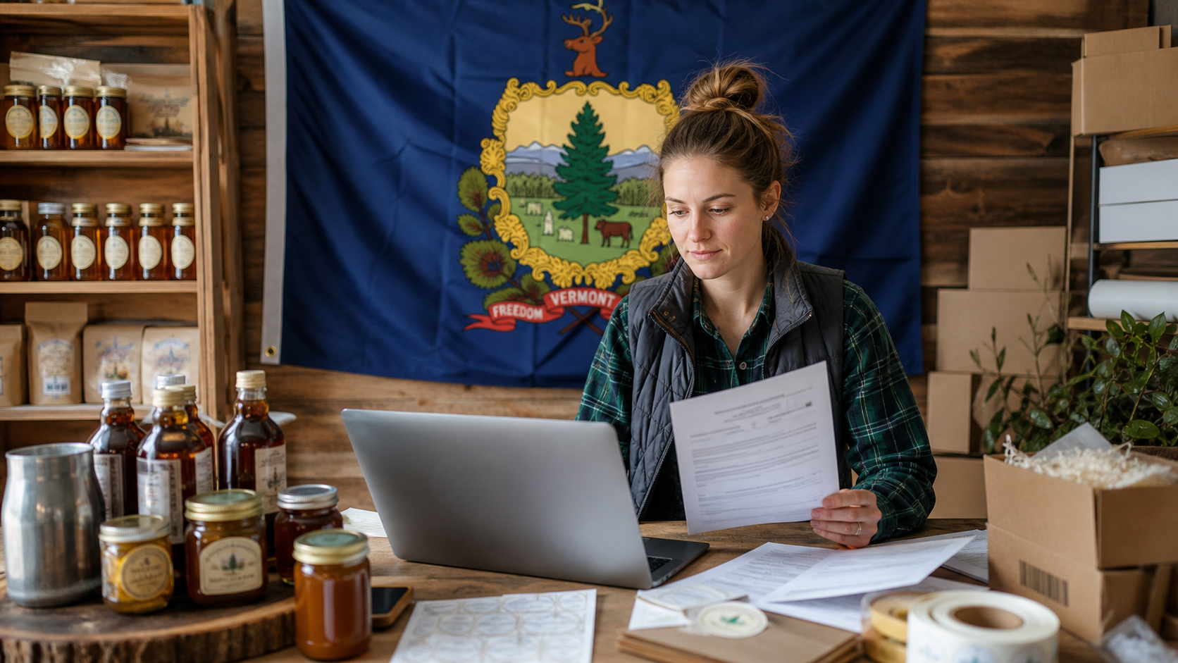 Small business owner preparing to form an LLC in Vermont with the official Vermont state flag visible