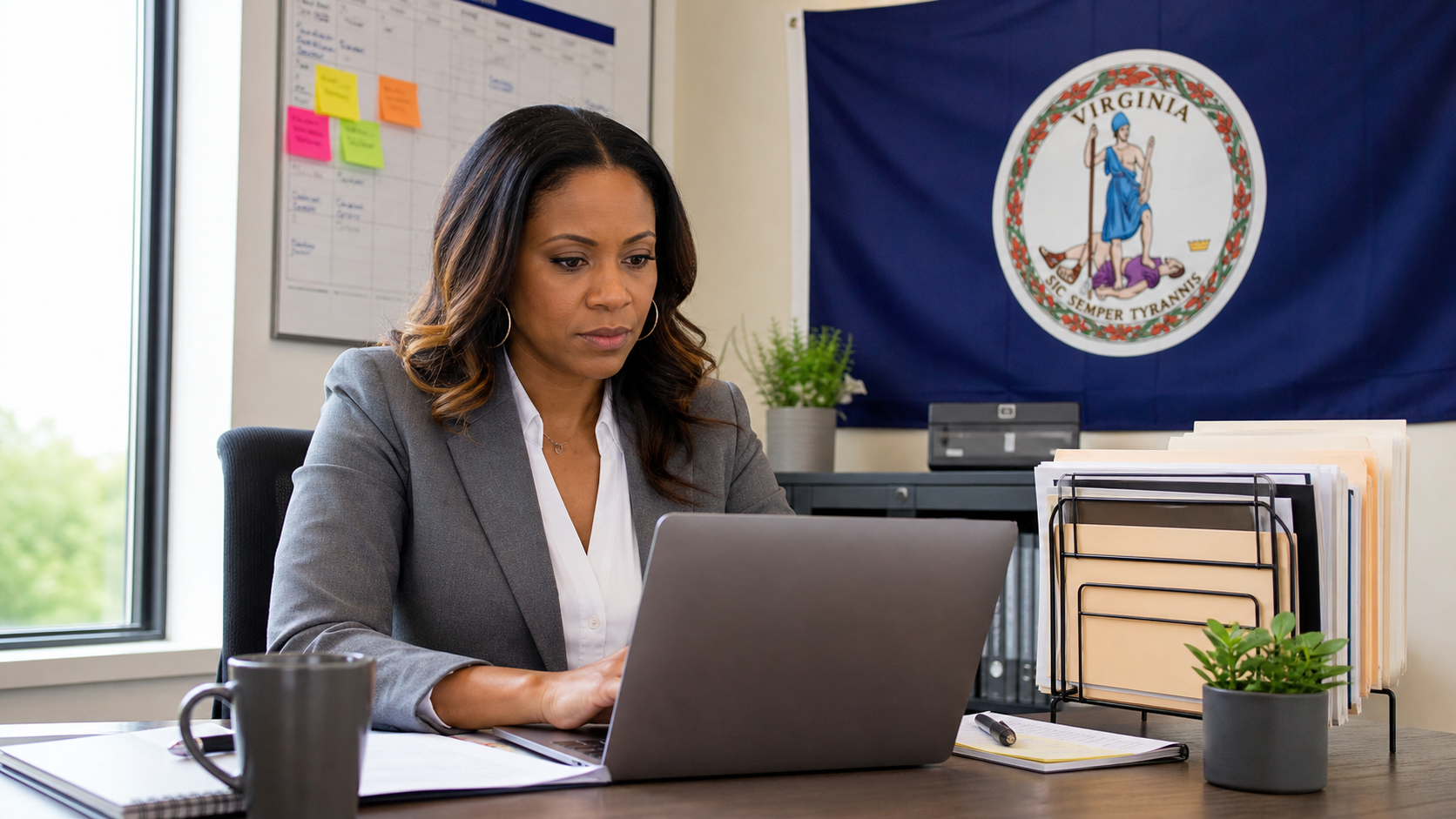 Small business owner preparing to form an LLC in Virginia with the official Virginia state flag visible
