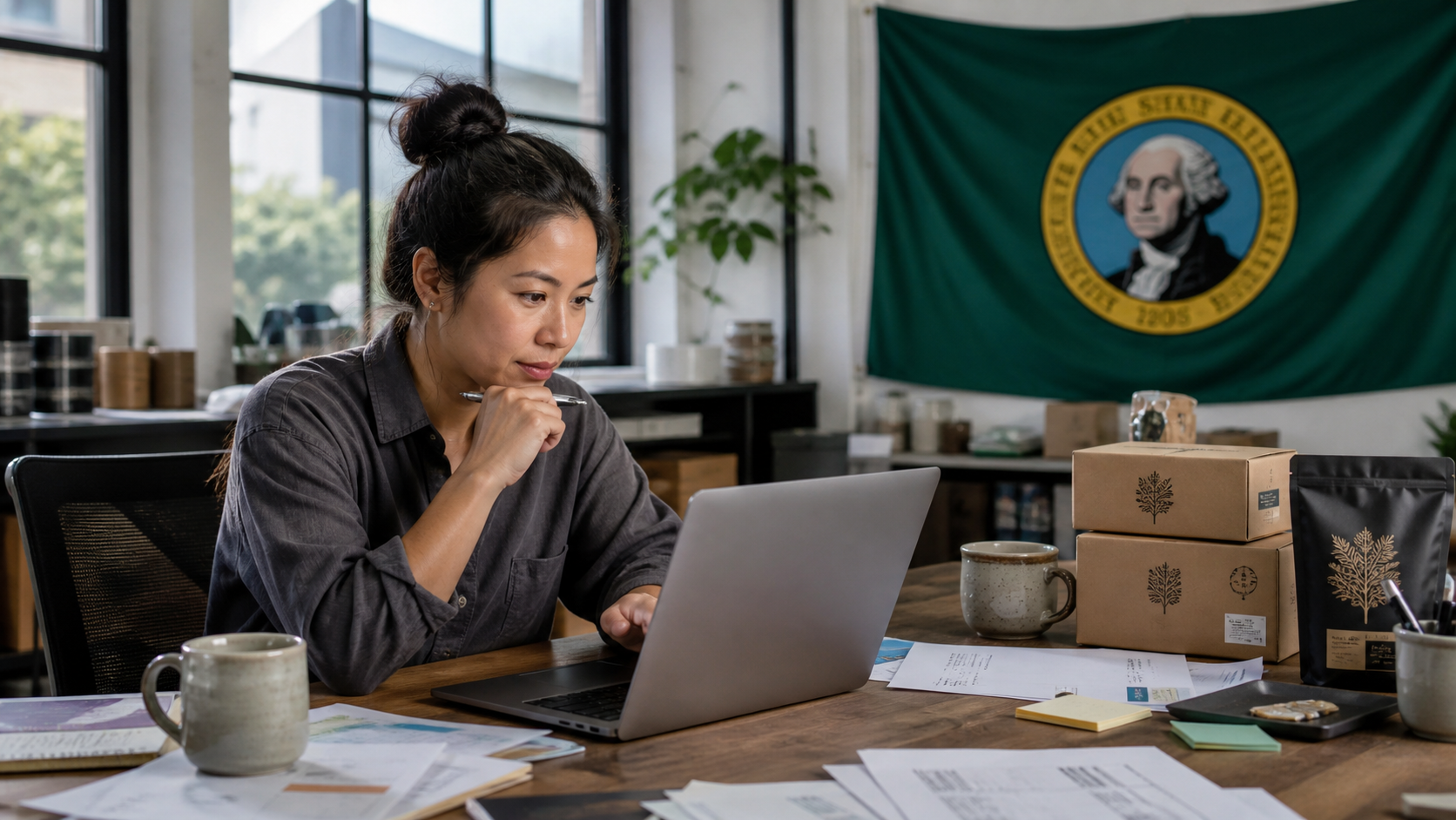 Small business owner preparing to form an LLC in Washington with the official Washington state flag visible