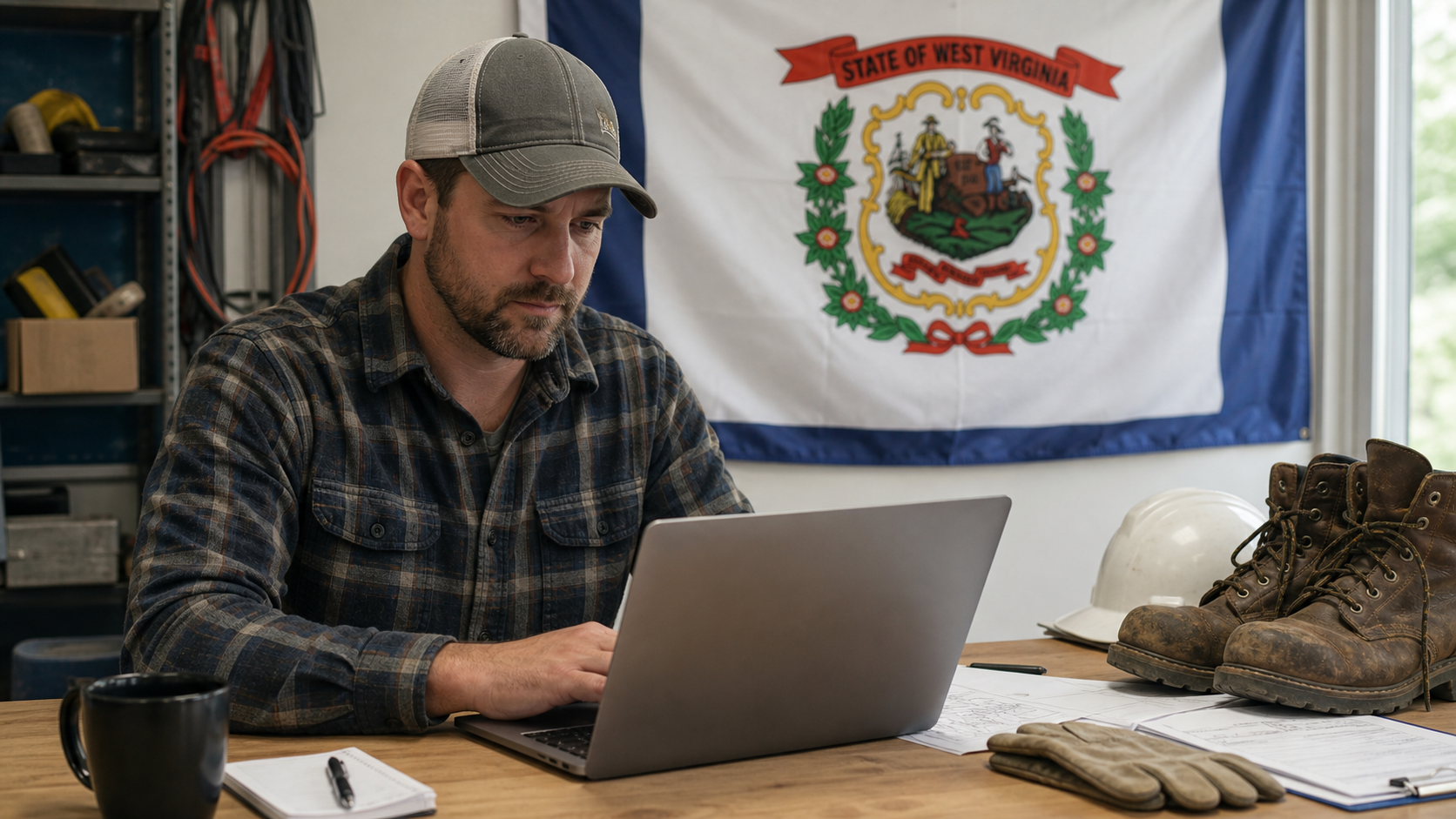Small business owner preparing to form an LLC in West Virginia with the official West Virginia state flag visible