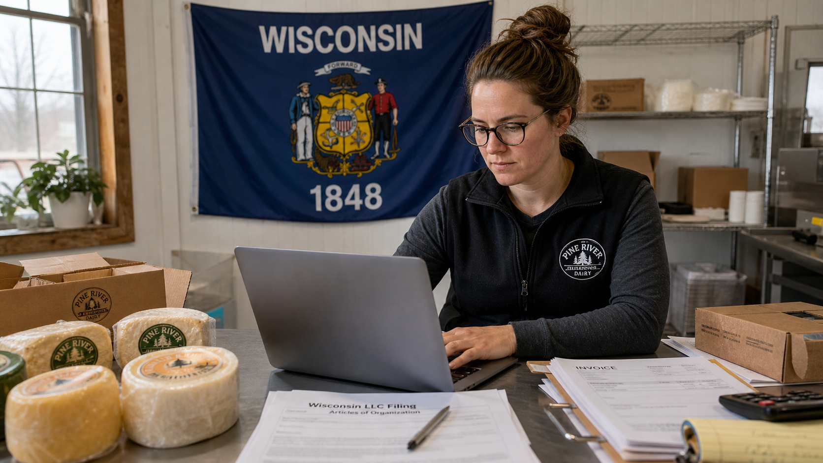 Small business owner preparing to form an LLC in Wisconsin with the official Wisconsin state flag visible