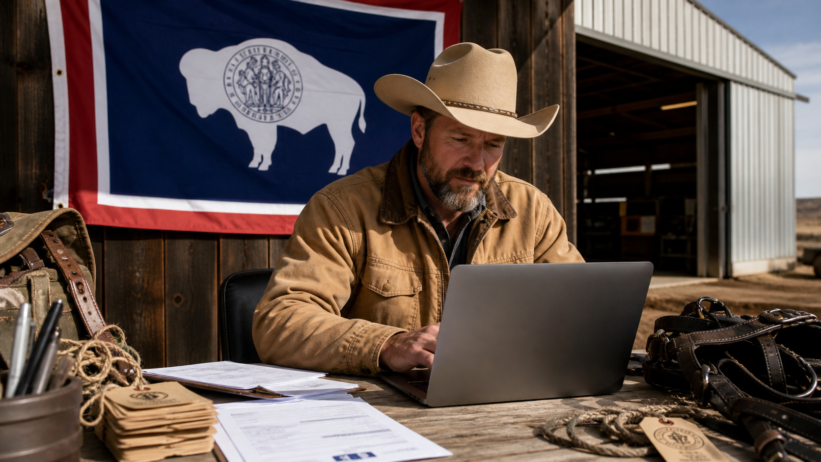 Small business owner preparing to form an LLC in Wyoming with the official Wyoming state flag visible