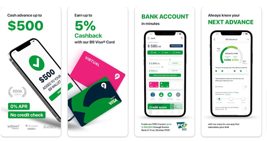 B9 offers loans up to $500 with no credit check and zero interest