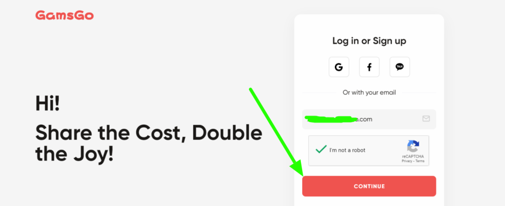 Click the Continue button to proceed on GamGo