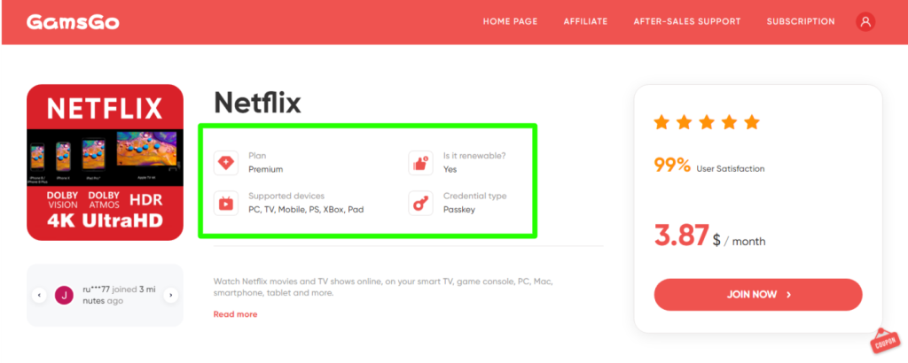 Netflix subscription plan on GamsGo
