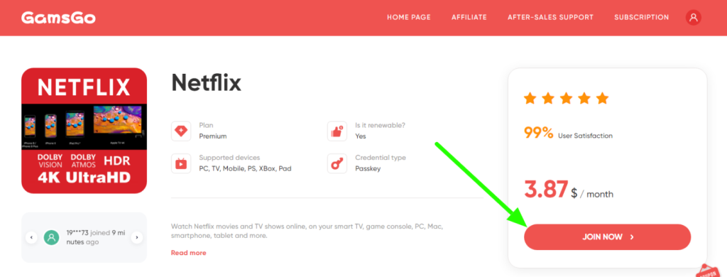 buy the Netflix subscription on GamsGO