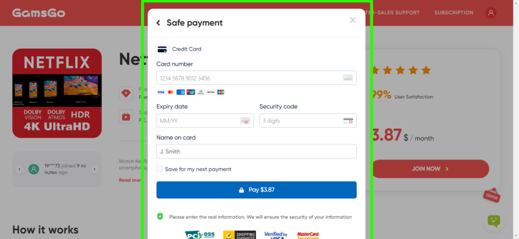 “Pay $3.87” button to complete your payment. ON GamsGo